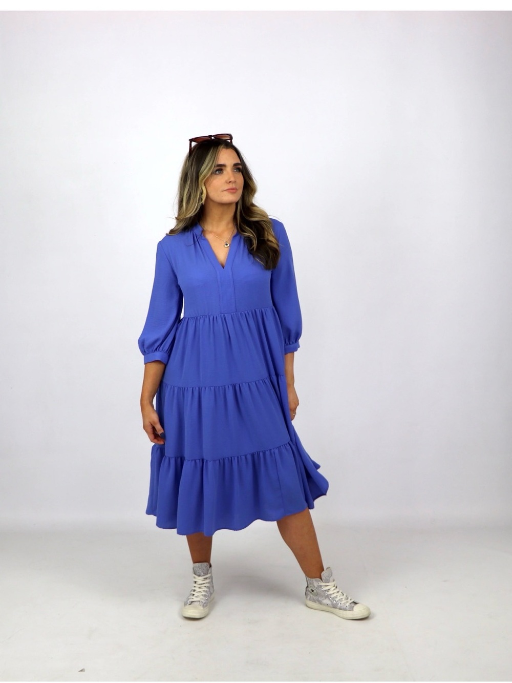 Joseph Ribkoff Periwinkle Tiered V-Neck Midi Dress